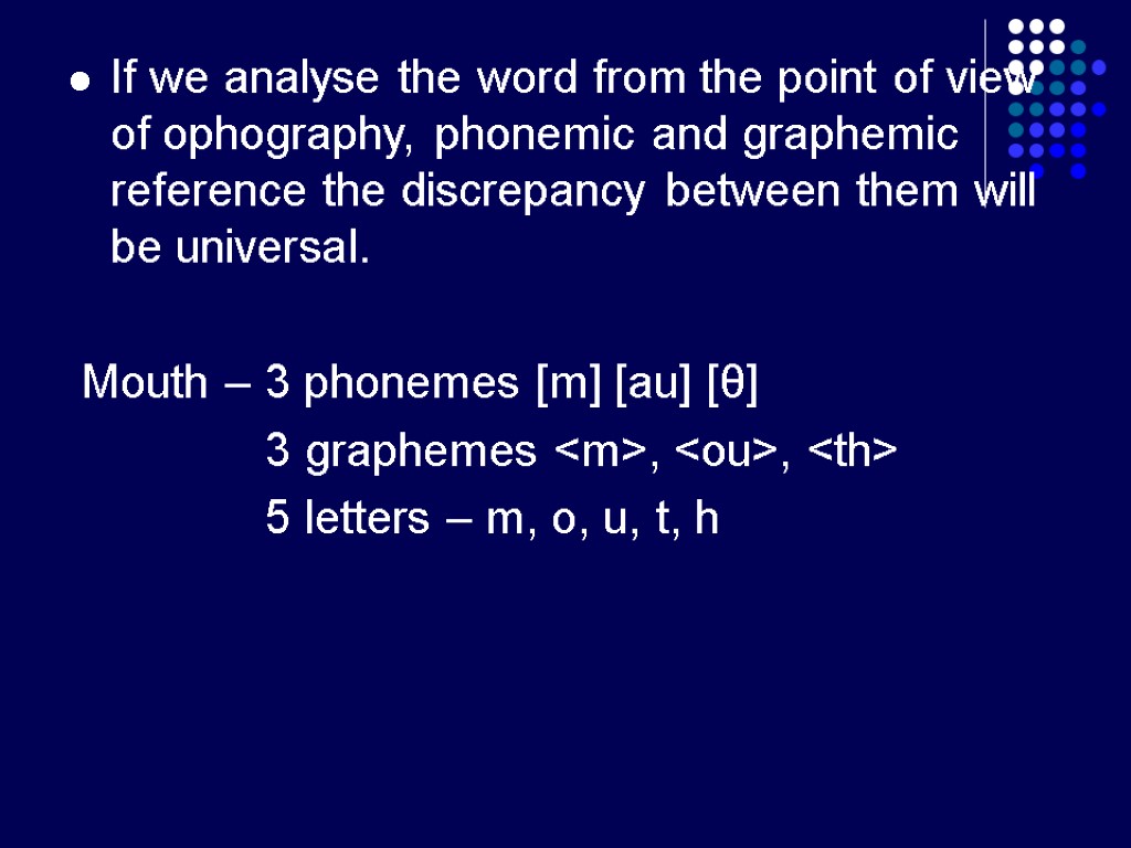 If we analyse the word from the point of view of ophography, phonemic and